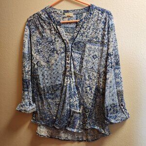 Westport 3/4 Sleeve Top Size XLBlue White BOHO Pattern Geometric Patchwork